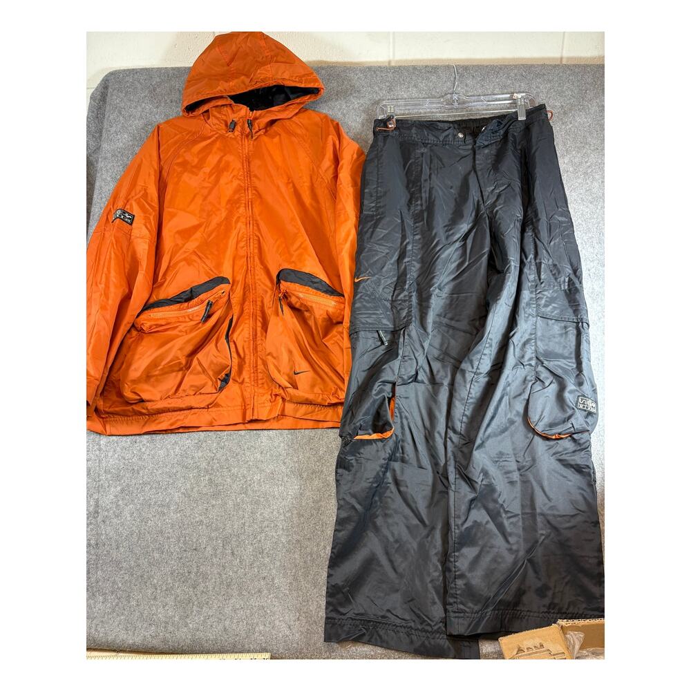 VINTAGE Y2K ACG Rain Suit Set Mens Orange Black Cargo Waterproof Hooded Small